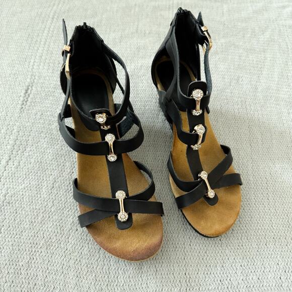 Black Rhinestone Detail Strappy Wedge Sandal - Size 8 - Picture 1 of 8
